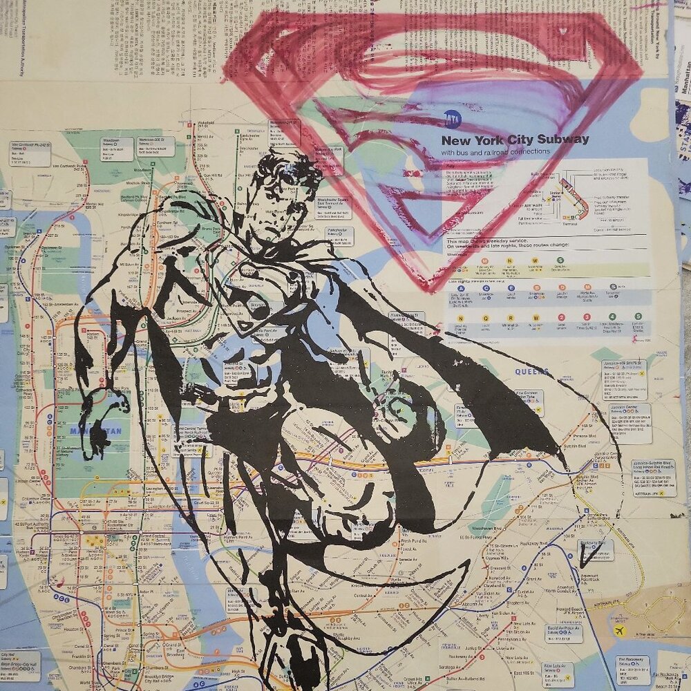 Handpainted Superman Acrylic Artwork on a NYC Subway Map Rare Original